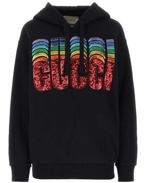 Gucci Sequin Embellished Logo Drawstring Hoodie - Black