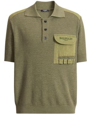 Balmain Vintage Utility Ribbed Knit Polo - Green