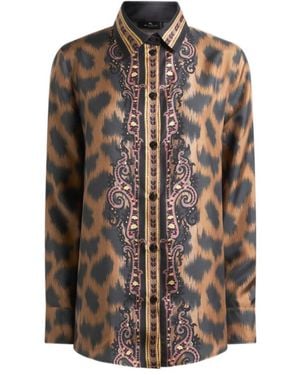 Etro Silk Twill Shirt With Animal Motif - Brown