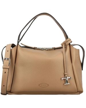 Tod's T Timeless Pebbled Leather Tote Bag - Brown