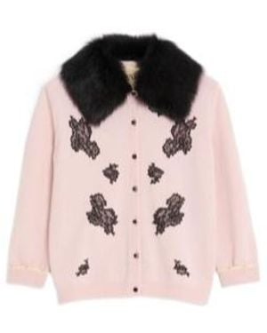 Valentino Lace-Embellished Shearling-Collar Cardigan - Pink