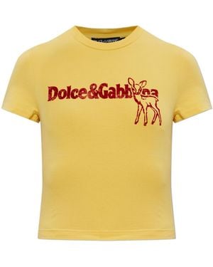 Dolce & Gabbana Logo Printed Velvet T-Shirt - Yellow