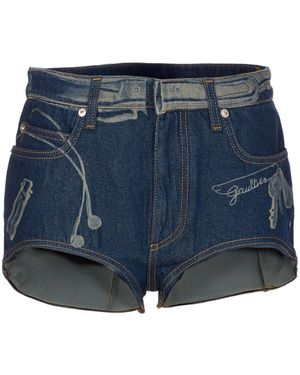 Jean Paul Gaultier Printed Denim Mini Shorts - Blue