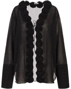 Oséree Rose-Embellished Glitter-Detail Blouse - Black
