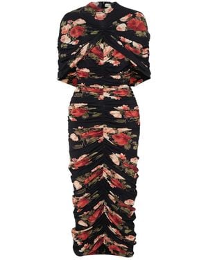 Magda Butrym Ruched Layered Floral-Print Jersey Maxi Dress - Black