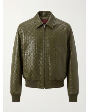 Gucci Embossed Gg Leather Bomber Jacket - Green