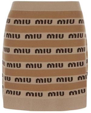 Miu Miu Logo-Intarsia Wool Miniskirt - Natural