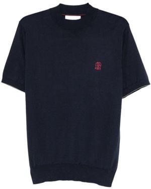Brunello Cucinelli Embroidered-Logo Knitted T-Shirt - Blue
