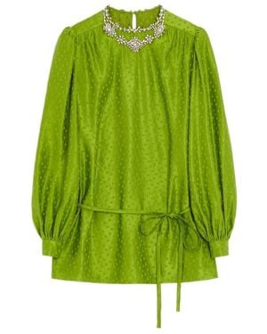 Valentino Embroidered Silk-Linen Plus De Pois Jacquard Top - Green