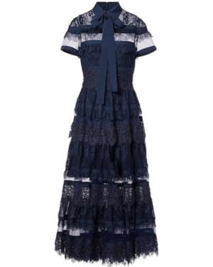 Elie Saab Tie-Neck Lace Midi Dress - Blue