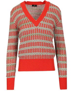 Etro Geometric-Pattern V-Neck Sweater - Red