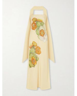 Rodarte Strapless Scarf-Detailed Floral-Print Silk-Crepe Gown - Metallic