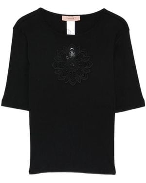 Twinset Floral-Appliqué T-Shirt - Black