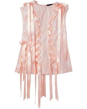 Simone Rocha Unraveling Ribbon Lace-Up Frayed Brocade Top - Pink