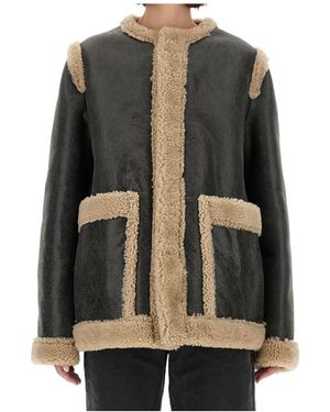 MM6 by Maison Margiela Leather Shearling-Panels Crewneck Jacket - Grey