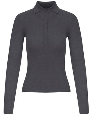Max Mara Mxmangel Long-Sleeved Ribbed Polo Sweater - Blue