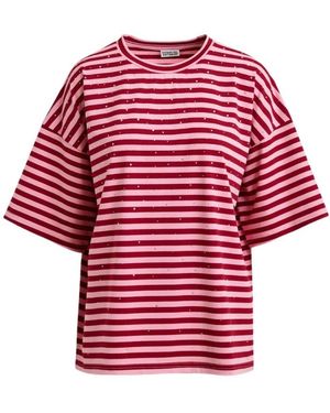 Essentiel Antwerp And Burgundy Striped Rhinestone-Embellished Oversized Cotton T-Shirt - Red