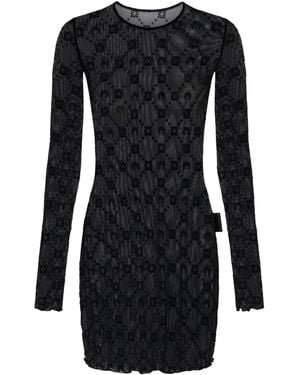 Marine Serre Moonogram Mesh Flock Long Sleeves Midi Crewneck Dress - Black