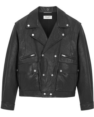 Saint Laurent Crinkled-Effect Biker Leather Jacket - Black
