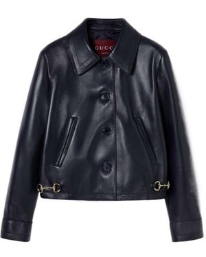 Gucci Shiny Leather Jacket With Horsebit - Blue