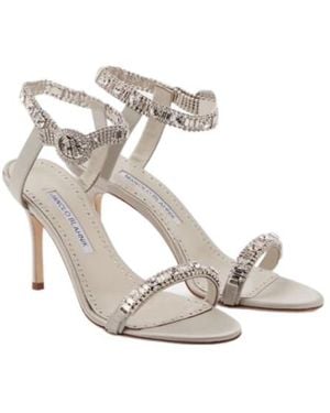 Manolo Blahnik Rhinestone Embellished Satin High Heel Sandals - White