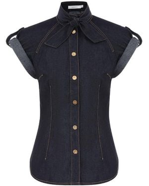 Zimmermann Short-Sleeved Tie Neck Denim Shirt - Blue