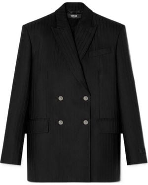 Versace Double Breasted Pinstripe Blazer - Black