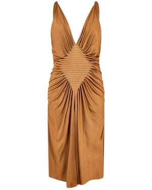 Versace Pleated V-Neck Dress - Brown