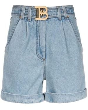 Balmain Logo Plaque Belted Shorts - Blue