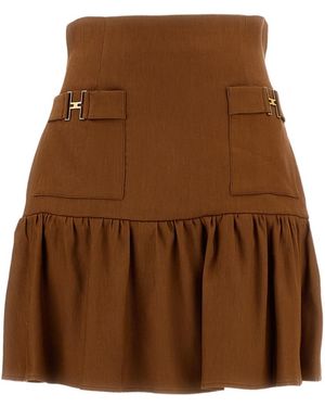 Elisabetta Franchi High Waist Logo Plaque Skirt - Brown