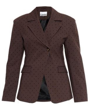 Ganni Single-Breasted V-Neck Blazer - Brown
