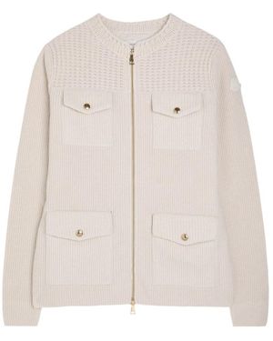 Moncler Logo Ribbed Wool And Shell Cardigan - Natural