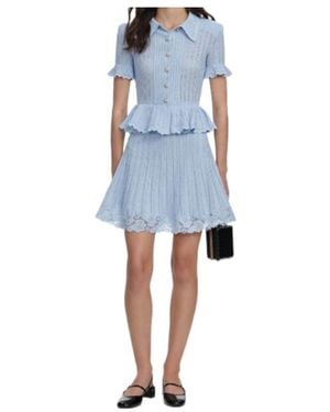 Self-Portrait Pointelle Peplum Knit Mini Dress - Blue