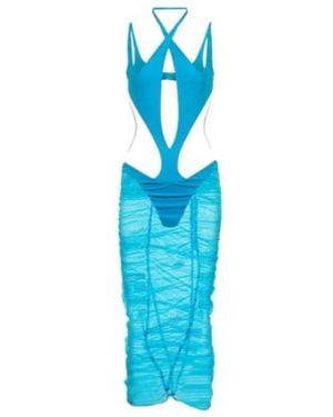 Mugler Cutout Paneled Tulle Midi Dress - Blue