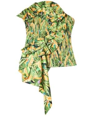 FARM Rio Parrot Pattern Ruffled Strapless Top - Green