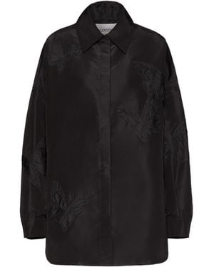 Valentino Butterfly Patterned Curved Hem Shirt - Black