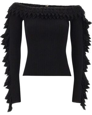 Blumarine Ruffled Off-Shoulder Knitted Top - Black