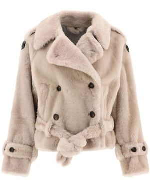 Brunello Cucinelli Monili-Tab Embellished Shearling Jacket - Natural