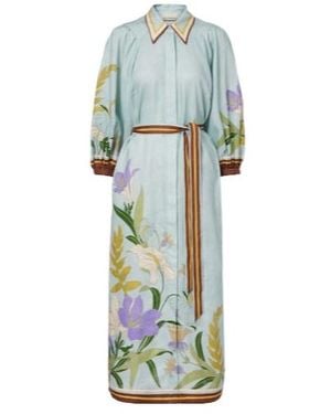 ALÉMAIS Belted Floral Linen Shirt Dress - Blue