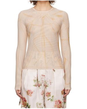 OPEN YY Ribbon Print Mesh Long-Sleeved T-Shirt - White