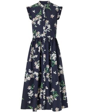 Erdem Pleated Ruffled Floral-Print Cotton-Poplin Midi Dress - Blue