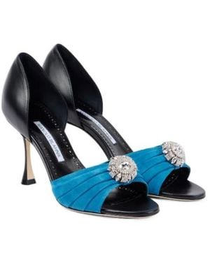 Manolo Blahnik Mule High-Heel Sandals With Crystal Rhinestone Buckle - Blue