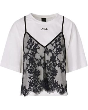 Pinko Lace-Overlay Logo-Embroidered T-Shirt - Gray