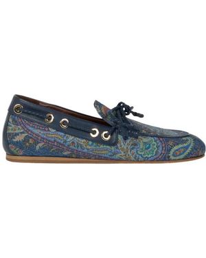 Etro Denim Boat Loafers With Leafy Paisley Motif - Blue