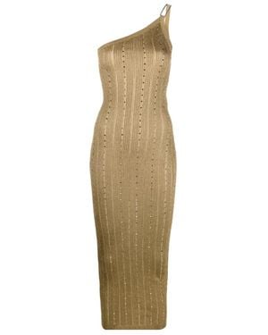 Alessandra Rich Crystal Trimmed Rib Knitted Medium Dress - Natural