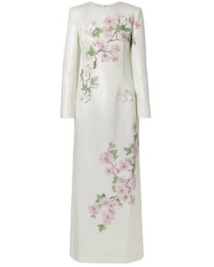 Oscar de la Renta Beaded Appliqué Sequin Dress - White