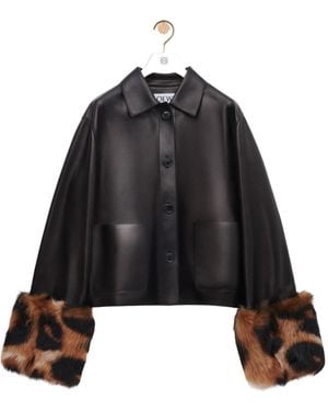 Loewe Leopard-Print Shearling-Trimmed Glossed-Leather Jacket - Black