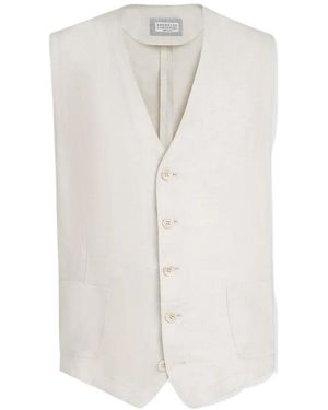 Brunello Cucinelli Linen Micro Chevron Waistcoat - White