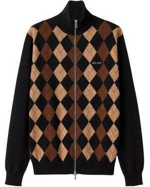 Miu Miu Cashmere Ribbed Argyle Oversized Turtleneck Cardigan - Black