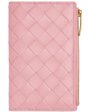 Bottega Veneta Medium Intrecciato Bi-Fold Zip Wallet - Pink